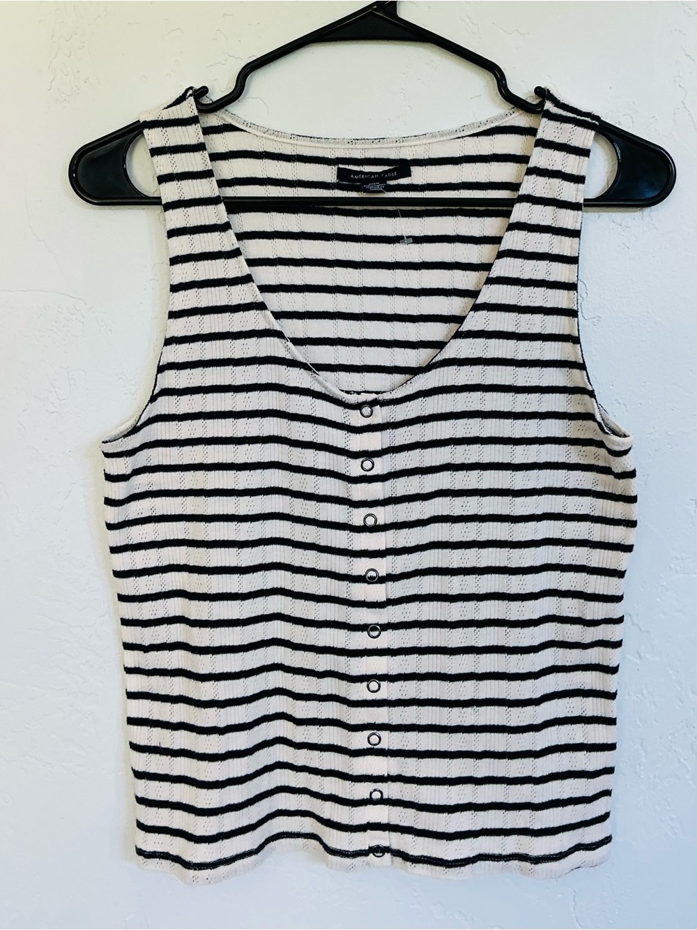 American Eagle Black & Off White Striped Snap Front Pointelle Tank Top